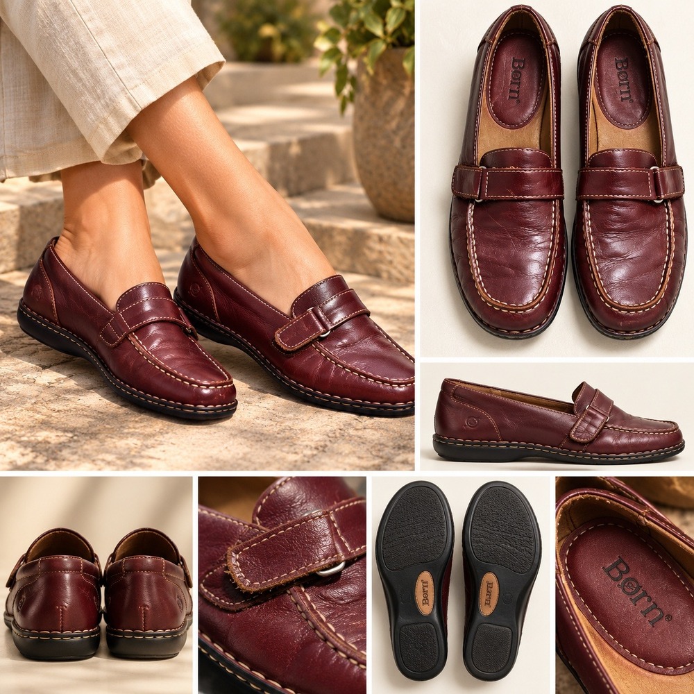 Born Women Burgundy Leather Strap Loafers Leather Casual Office 7.5